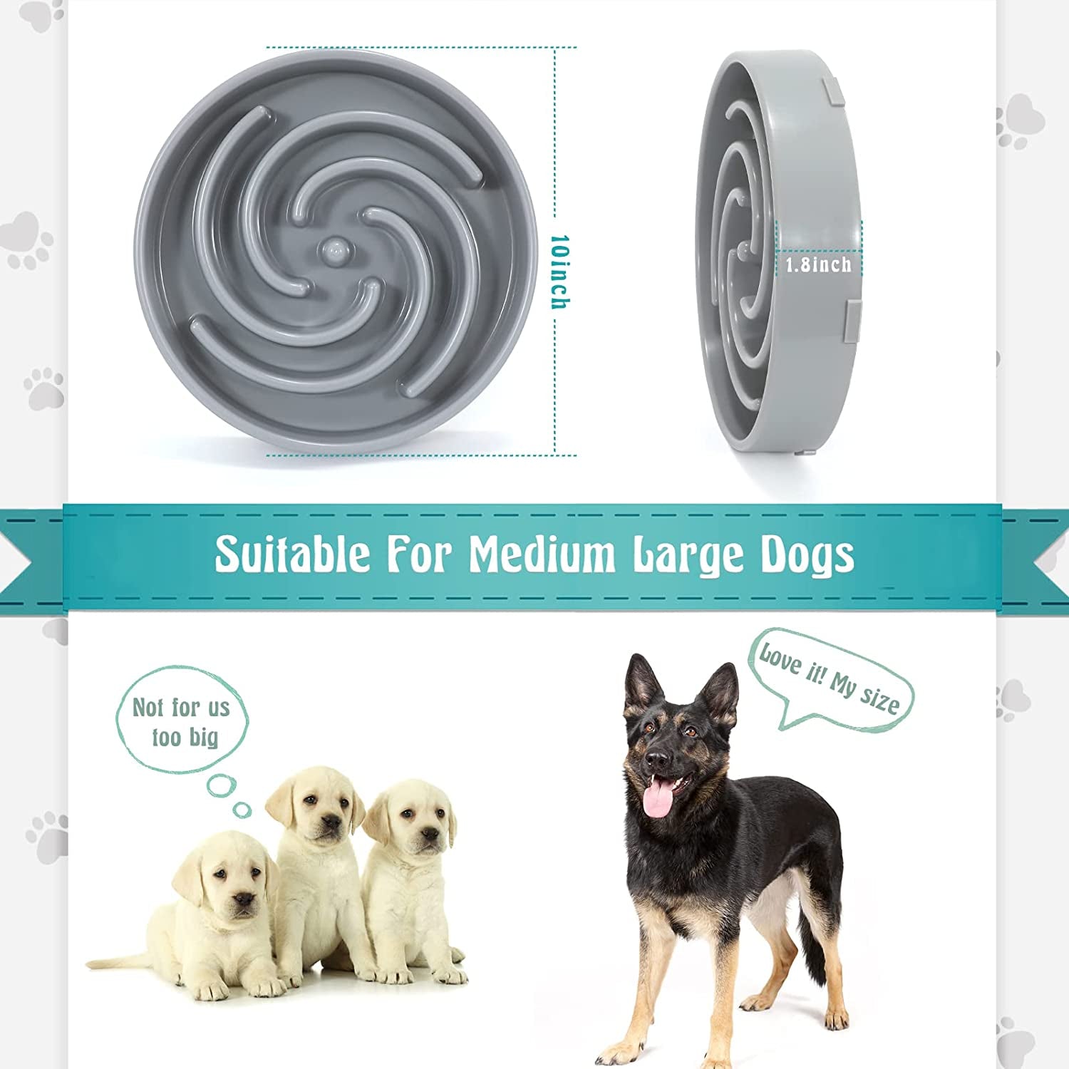 Large Non-Slip Slow Feeder Dog Bowl for Medium to Large Breeds - Interactive Maze Puzzle Design to Promote Healthy Eating and Prevent Choking, Light Gray