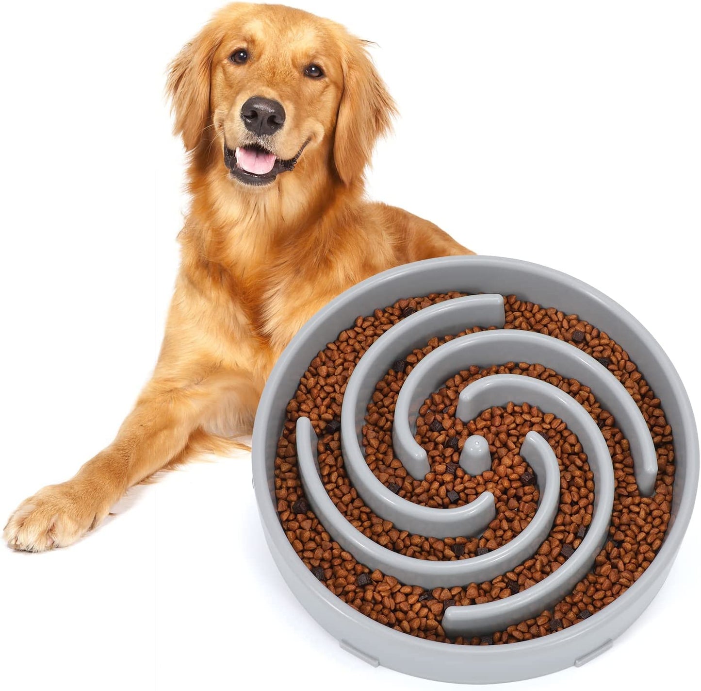 Large Non-Slip Slow Feeder Dog Bowl for Medium to Large Breeds - Interactive Maze Puzzle Design to Promote Healthy Eating and Prevent Choking, Light Gray