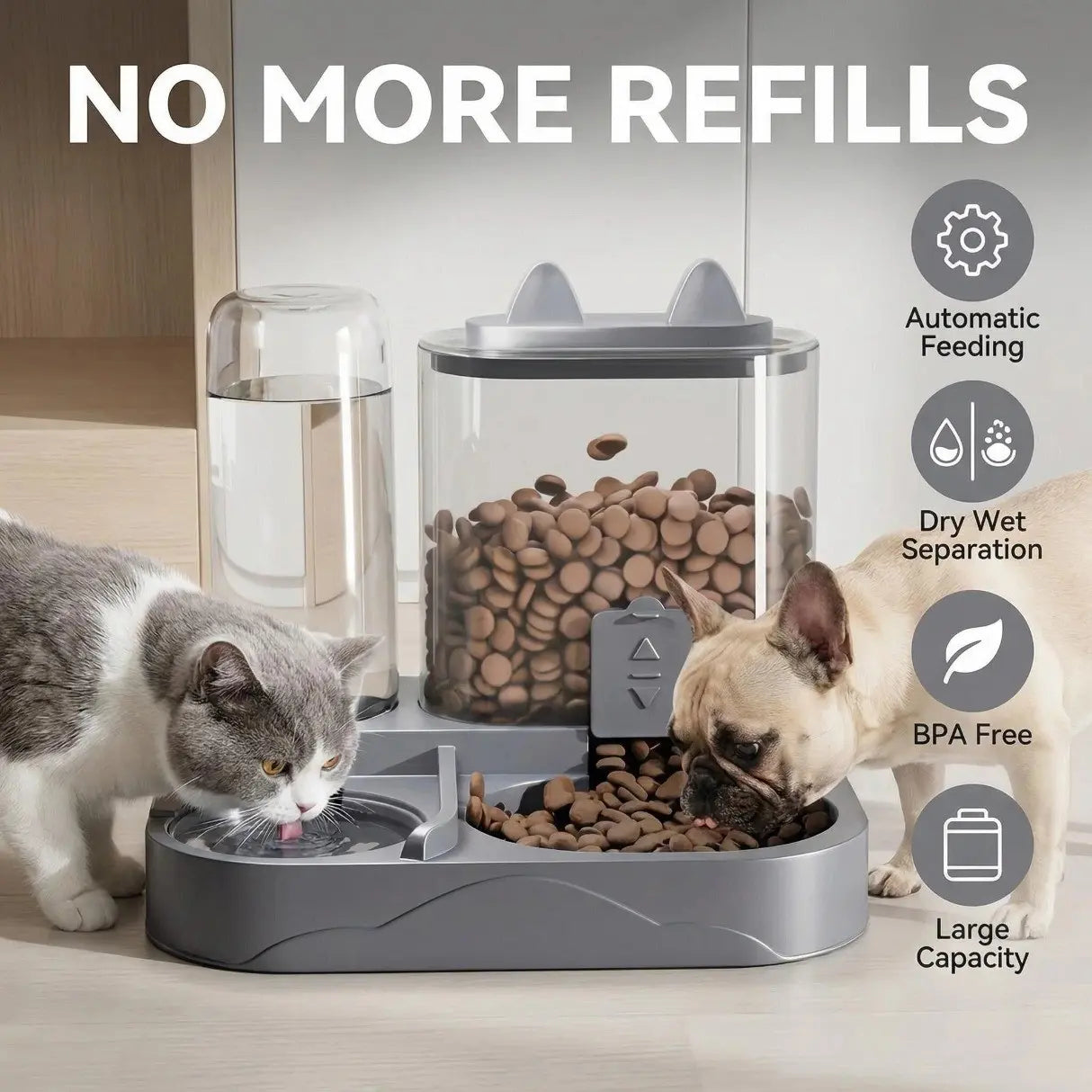 Automatic 2-in-1 Cat Feeder and Water Dispenser with Gravity Feeding Station, BPA-Free Design, Dry-Wet Separation, Ideal for Indoor Cats and Dogs, Travel-Friendly