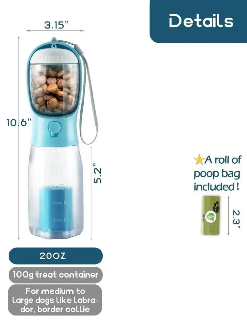 3-in-1 Portable Water Bottle and Travel Bowl for Dogs with Food Container and Waste Bag Holder - 20oz Blue, Ideal for Outdoor Activities and Hiking