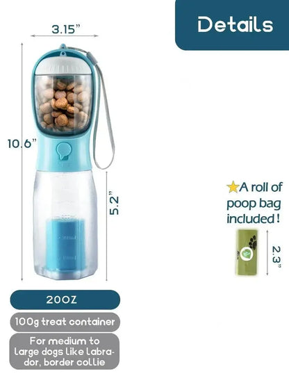 3-in-1 Portable Water Bottle and Travel Bowl for Dogs with Food Container and Waste Bag Holder - 20oz Blue, Ideal for Outdoor Activities and Hiking