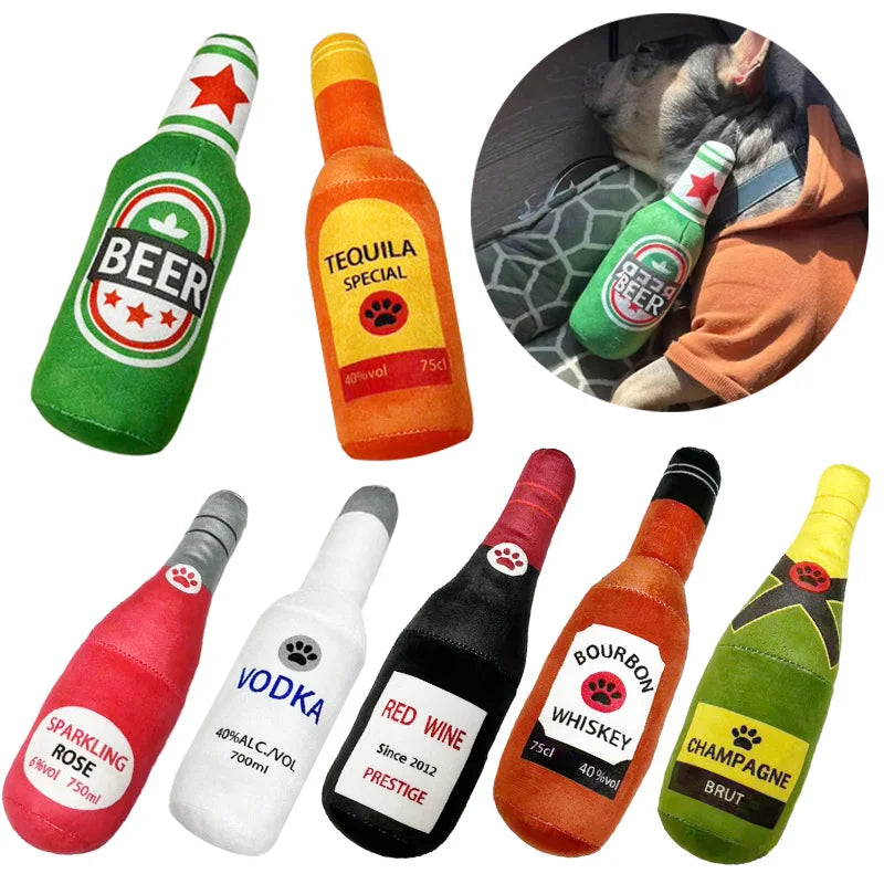 Interactive Plush Dog Toy - Beer Bottle Shape, Squeaky Chew Toy for Small and Large Dogs, Promotes Dental Health and Engaging Playtime
