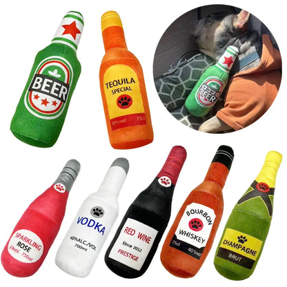 Interactive Plush Dog Toy - Beer Bottle Shape, Squeaky Chew Toy for Small and Large Dogs, Promotes Dental Health and Engaging Playtime
