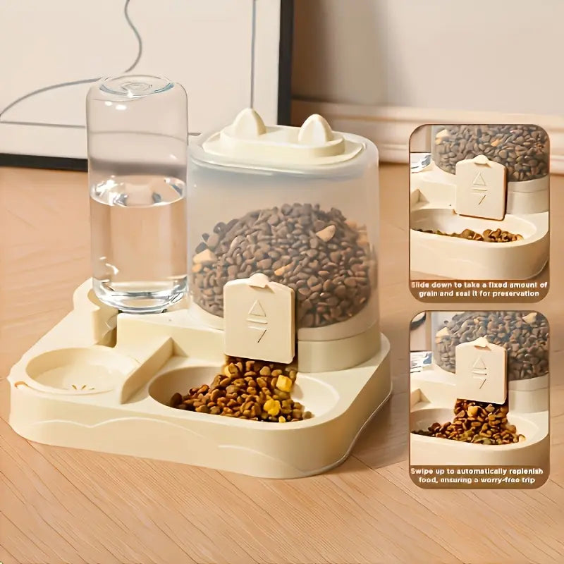Automatic 2-in-1 Cat Feeder and Water Dispenser with Gravity Feeding Station, BPA-Free Design, Dry-Wet Separation, Ideal for Indoor Cats and Dogs, Travel-Friendly