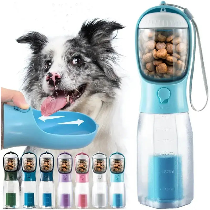 3-in-1 Portable Water Bottle and Travel Bowl for Dogs with Food Container and Waste Bag Holder - 20oz Blue, Ideal for Outdoor Activities and Hiking