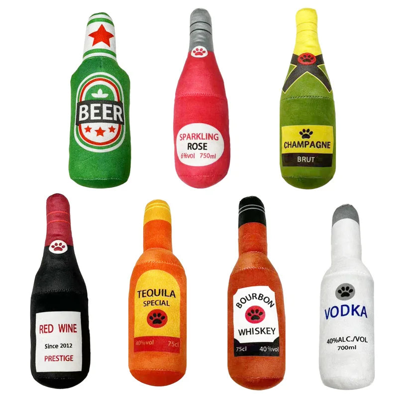 Interactive Plush Dog Toy - Beer Bottle Shape, Squeaky Chew Toy for Small and Large Dogs, Promotes Dental Health and Engaging Playtime