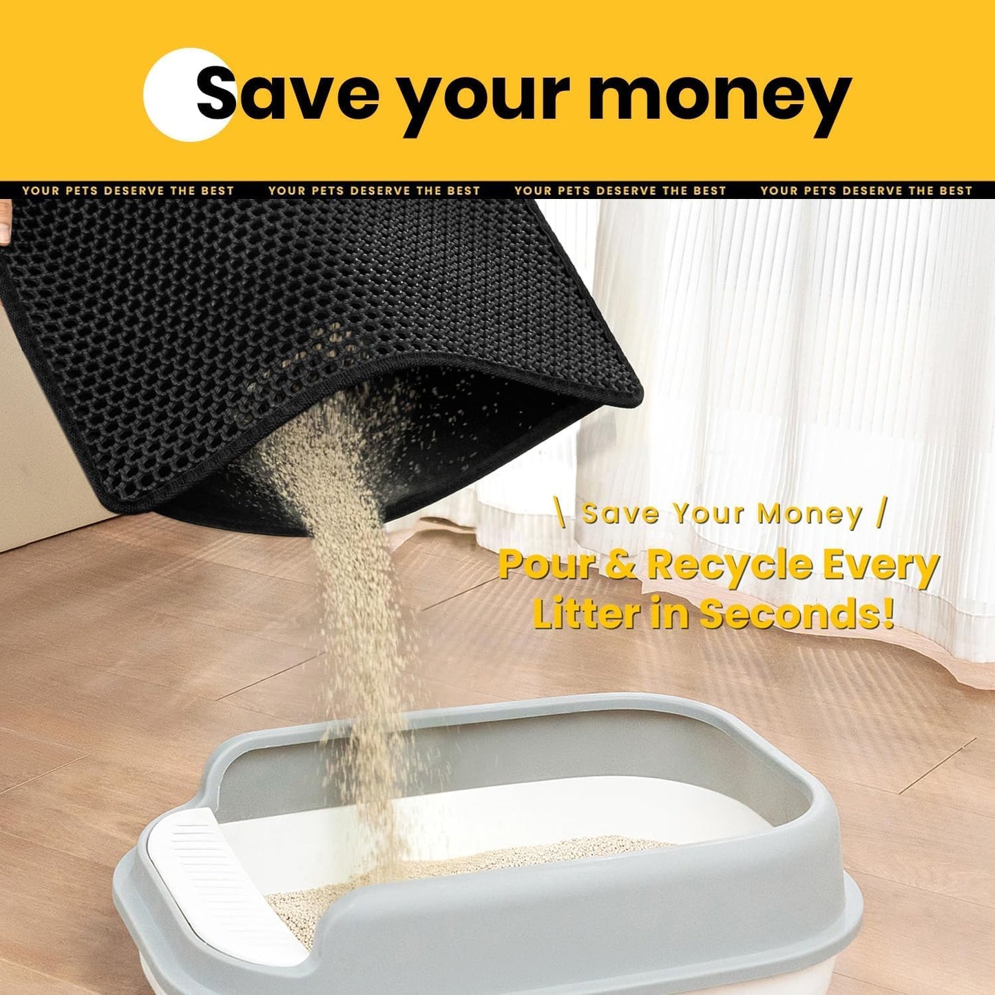 Compact Cat Litter Mat 23.6" x 14.6" - Waterproof and Leakproof Back Layer, Honeycomb Design for Effective Litter Trapping, Washable and Easy to Clean, Scatter Control, Black
