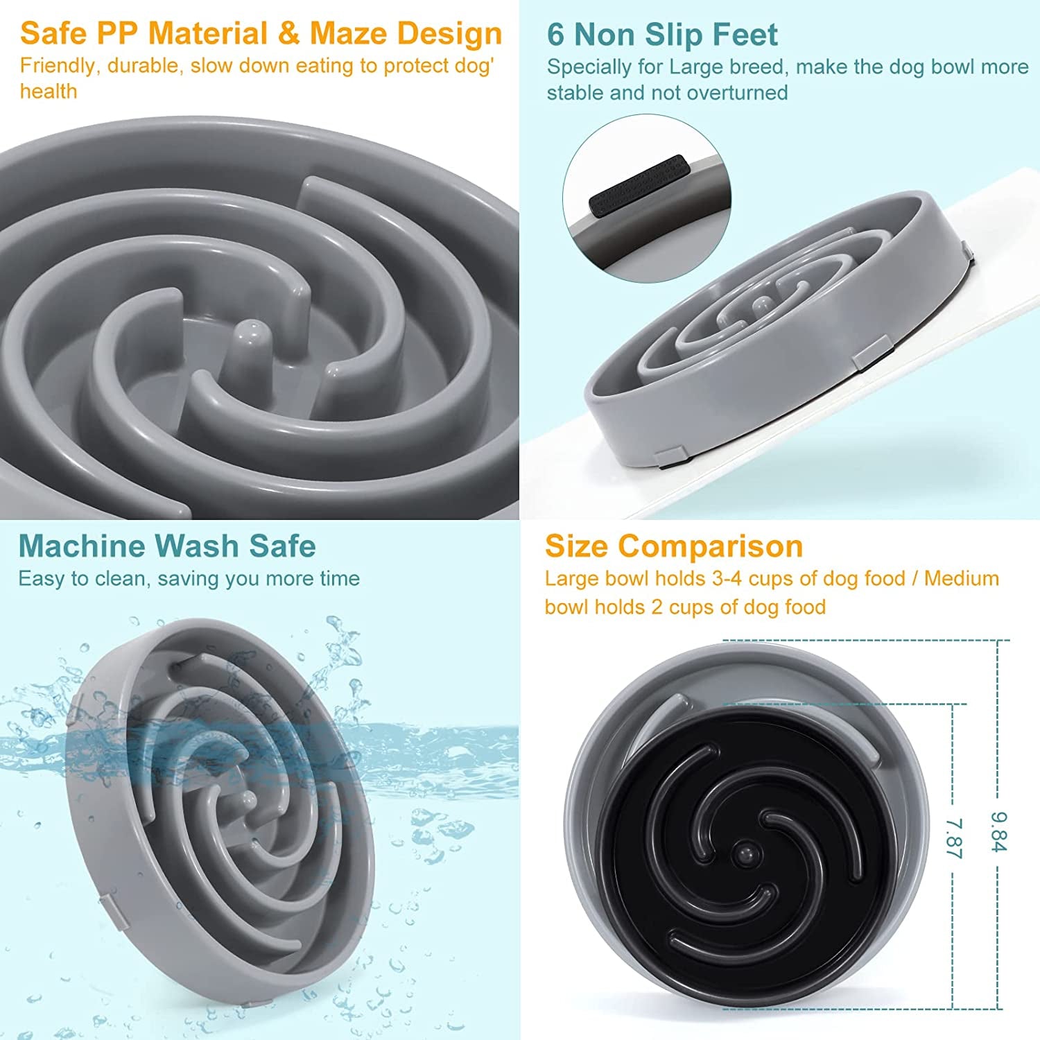 Large Non-Slip Slow Feeder Dog Bowl for Medium to Large Breeds - Interactive Maze Puzzle Design to Promote Healthy Eating and Prevent Choking, Light Gray