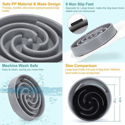 Large Non-Slip Slow Feeder Dog Bowl for Medium to Large Breeds - Interactive Maze Puzzle Design to Promote Healthy Eating and Prevent Choking, Light Gray