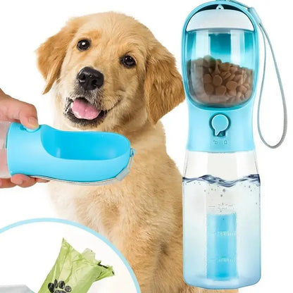 3-in-1 Portable Water Bottle and Travel Bowl for Dogs with Food Container and Waste Bag Holder - 20oz Blue, Ideal for Outdoor Activities and Hiking