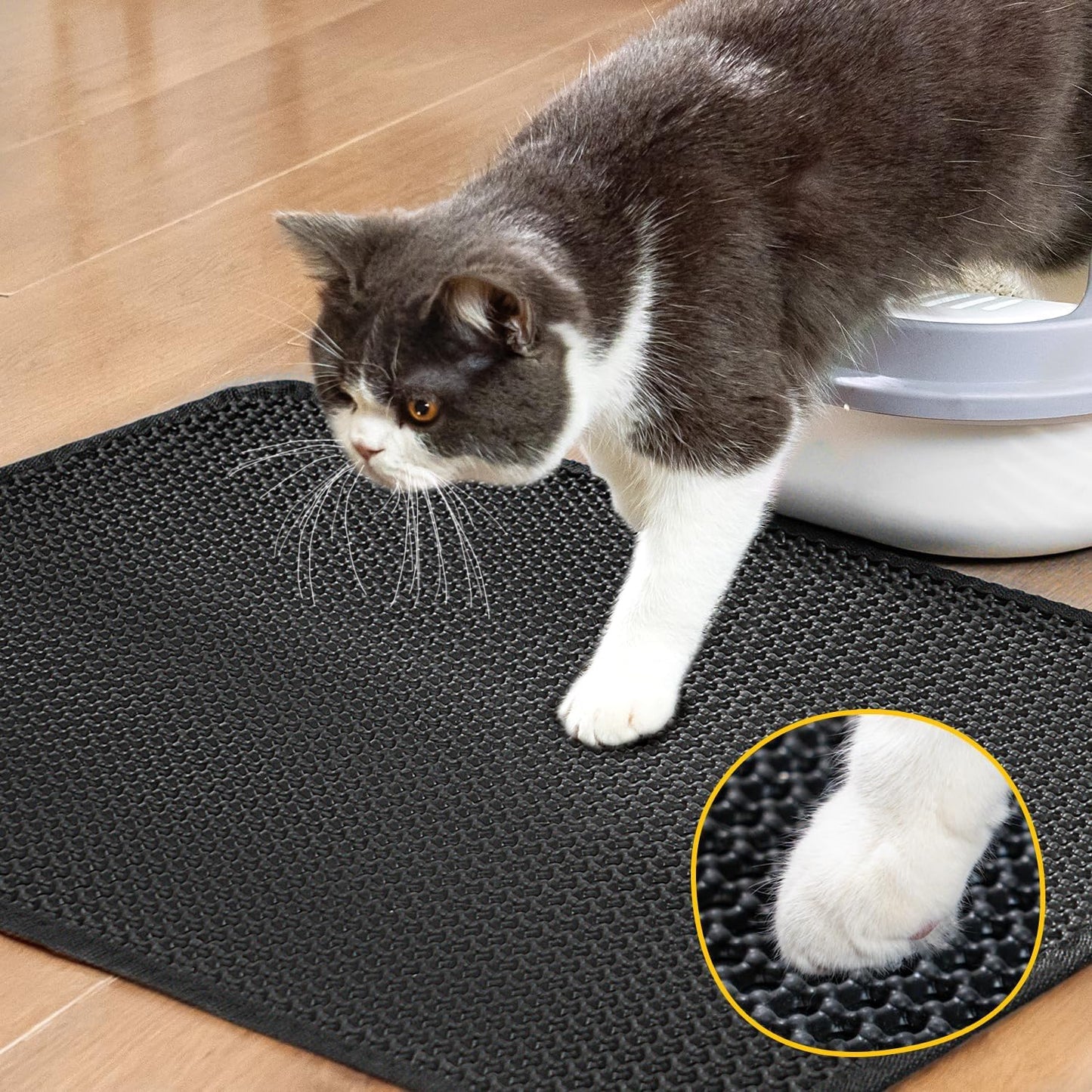 Compact Cat Litter Mat 23.6" x 14.6" - Waterproof and Leakproof Back Layer, Honeycomb Design for Effective Litter Trapping, Washable and Easy to Clean, Scatter Control, Black