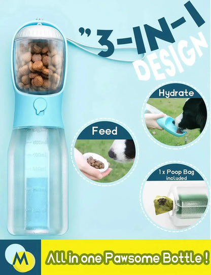 3-in-1 Portable Water Bottle and Travel Bowl for Dogs with Food Container and Waste Bag Holder - 20oz Blue, Ideal for Outdoor Activities and Hiking
