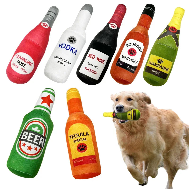 Interactive Plush Dog Toy - Beer Bottle Shape, Squeaky Chew Toy for Small and Large Dogs, Promotes Dental Health and Engaging Playtime