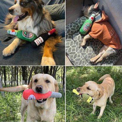 Interactive Plush Dog Toy - Beer Bottle Shape, Squeaky Chew Toy for Small and Large Dogs, Promotes Dental Health and Engaging Playtime